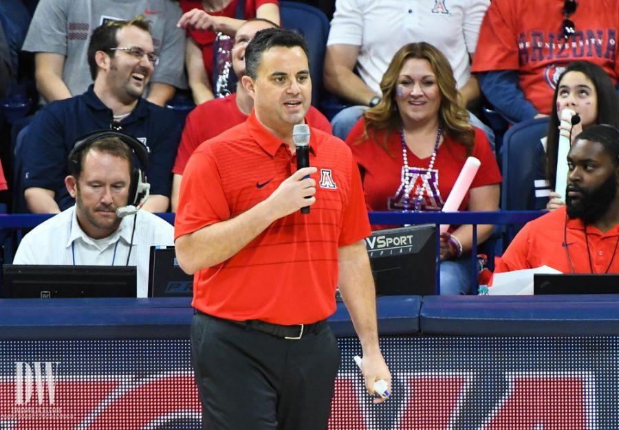 Sean+Miller+speaks+to+fans+in+McKale+Center+before+the+annual+mens+basketball+McDonalds+Red-Blue+game+on+Oct.+20.