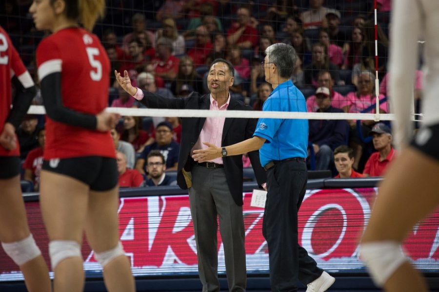 Arizona Volleyball head coach Dave Rubio argues with an official over a call made during the UA-Utah game on Friday, Oct. 13.
