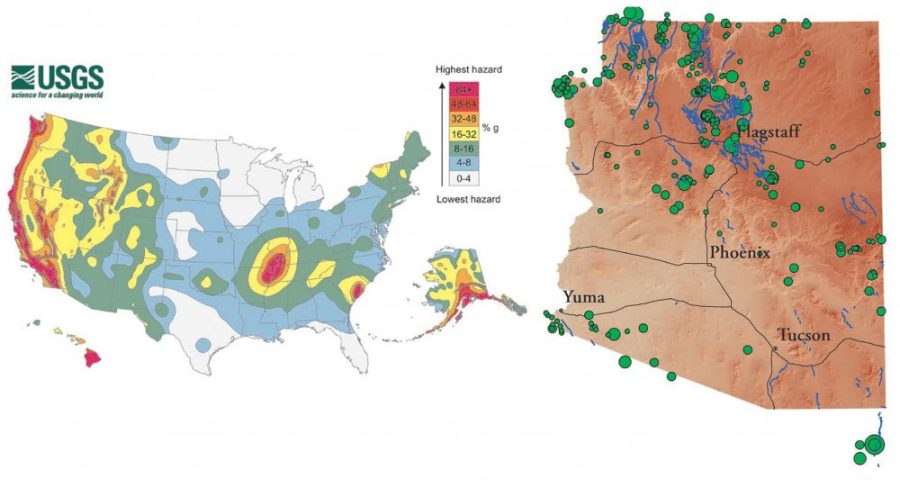 Left: U.S. Geological Survey seismic hazard map for the continental U.S. and Hawaii. 
Right: Quaternary faults (blue) and historic earthquake epicenters (green circles, larger ones represent larger earthquakes) of Arizona and environs. Only earthquakes of magnitude 3.0 or greater are displayed.