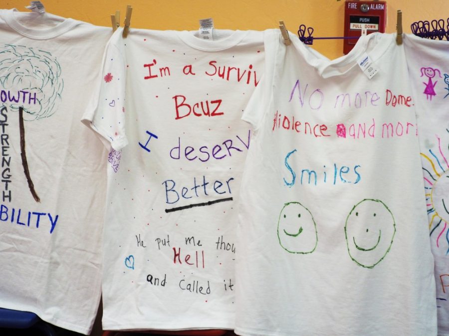 T-shirts made for the Clothesline project in October 2017 at the Pima Purple Domestic Violence Awareness Event, where Domestic abuse survivors can write their stories and or supportive messages on t-shirts for other victims.