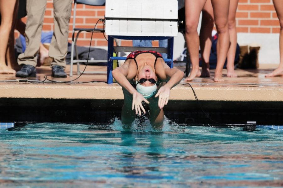 UA+swim+athlete+Katrina+Konopka+dives+into+her+lap+lane.