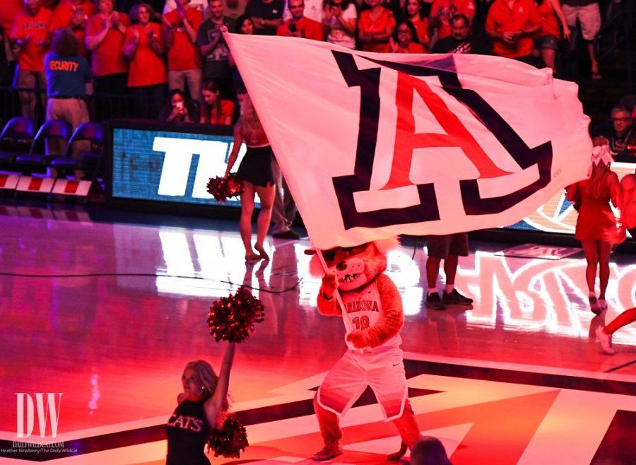 Wilbur Wildcat waves the UA flag before the annual mens basketball McDonalds Red-Blue game on Oct. 20 in McKale Center.