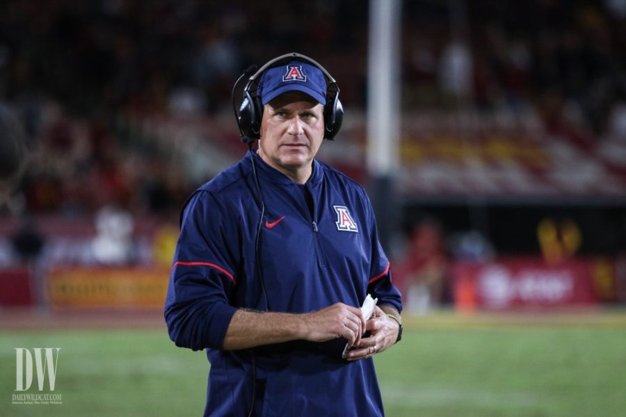Arizona head coach Rich Rodriguez looks onto his team towards the end of the UA-USC game.