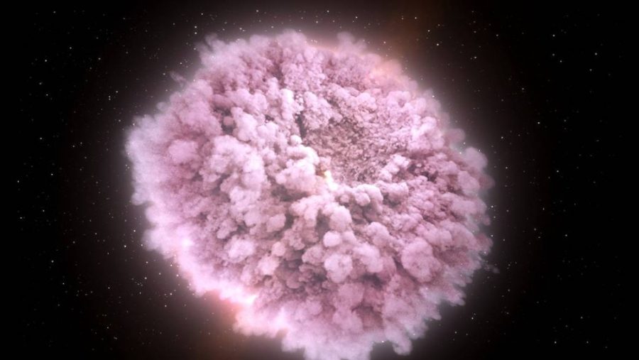 This illustration shows the hot, dense, expanding cloud of debris stripped from two neutron stars just before they collided. Within this neutron-rich debris, large quantities of some of the universes heaviest elements were forged, including hundreds of Earth masses of gold and platinum.