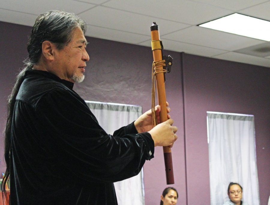 Vince Redhouse, a native wind flute teacher, leads a flute workshop event organized as part of Native American Heritage Month in the Robert L. Nugent Building on Nov. 14.
