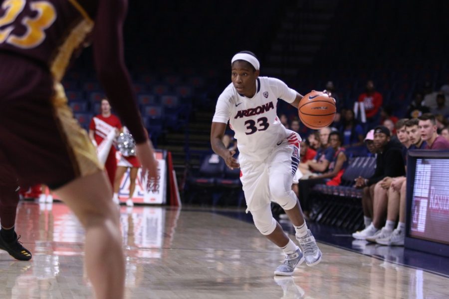 Arizona guard Jalea Bennett (33) dribbles across the court during the womens basketball game against Iona on Nov. 10 in McKale Center. Bennett scored a total of 10 points in the game for the Wildcats.