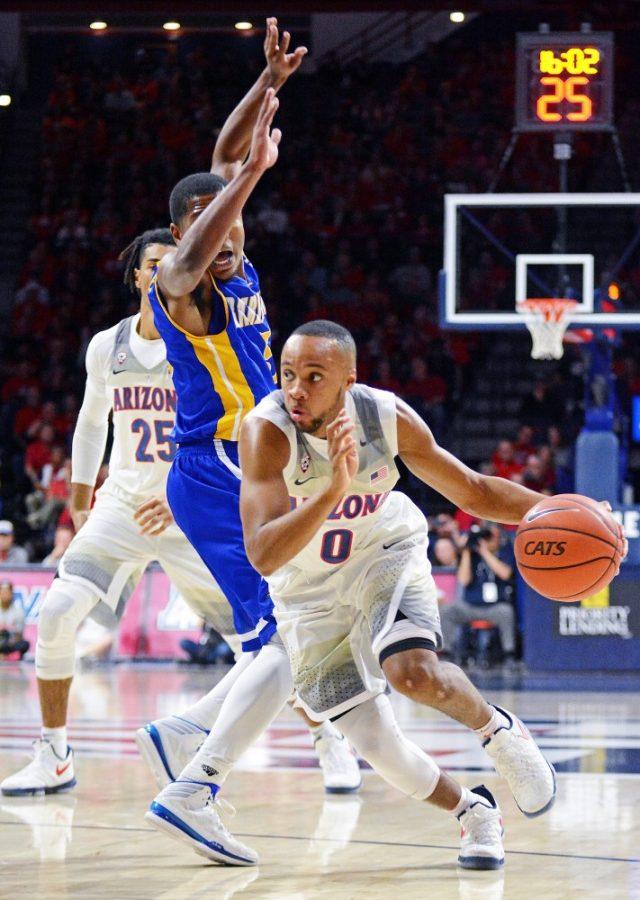 Arizona guard Parker Jackson-Cartwright (0) slips past the Cal State Bakersfield defense in McKale Center on Nov. 15, 2016. Jackson-Cartwright is one of four seniors on the roster this season for the Wildcats.