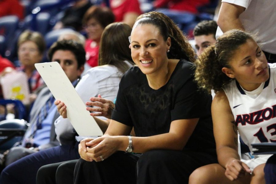 Arizona+womens+basketball+head+coach+Adia+Barnes+smiles+as+the+Wildcats+take+the+lead+during+the+first+half+of+their+exhibition+game+against+Western+New+Mexico+on+Nov.+6+in+McKale+Center.