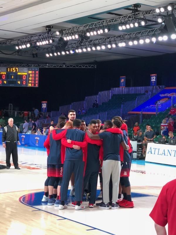 Photo Courtesy of Aaron Steinberg. 
Arizona mens basketball huddles before taking on NC State in the opening round of the Battle 4 Atlantis Tournament in Paradise Islands, Bahamas Nov. 22.
