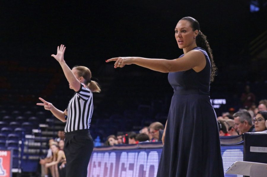Arizona womens basketball head coach Adia Barnes gives instructions to the team during their game against Iona on Nov. 10 in McKale Center.