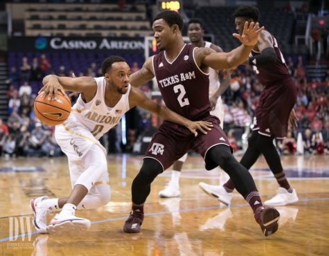 Arizona's Parker Jackson-Cartwright dribbles past Texas A&M's T.J. Starks in Talking Stick Arena, on Dec. 5. Arizona beat Texas A&M with a score of 67-64.