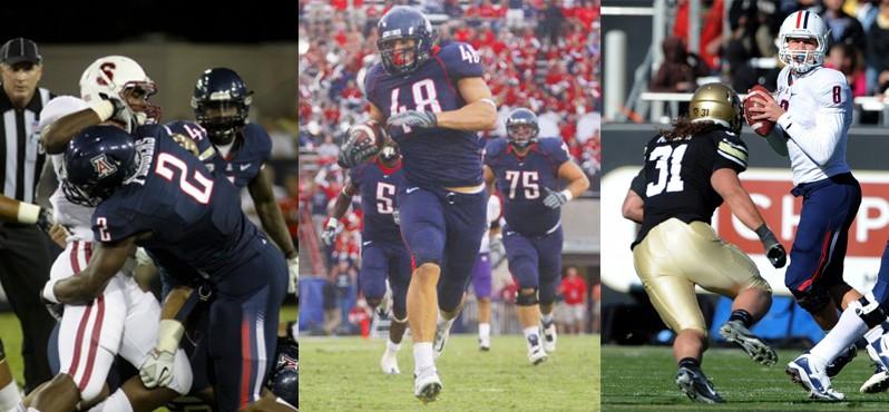 Marquis Flowers (left), Rob Gronkowski (middle), and Nick Foles (right) during their time as part of the University of Arizona football team.