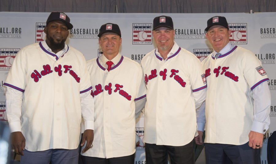 The National Baseball Hall of Fame and Museum class of 2018 press conference at the Regis Hotel in New York, N.Y. on Thursday, January 25, 2018. From left, Vladimir Guerrero, Trevor Hoffman, Chipper Jones and Jim Thome will be honored as part of the Hall of Fame's Induction Weekend July 27-30, 2018 in Cooperstown, N.Y.