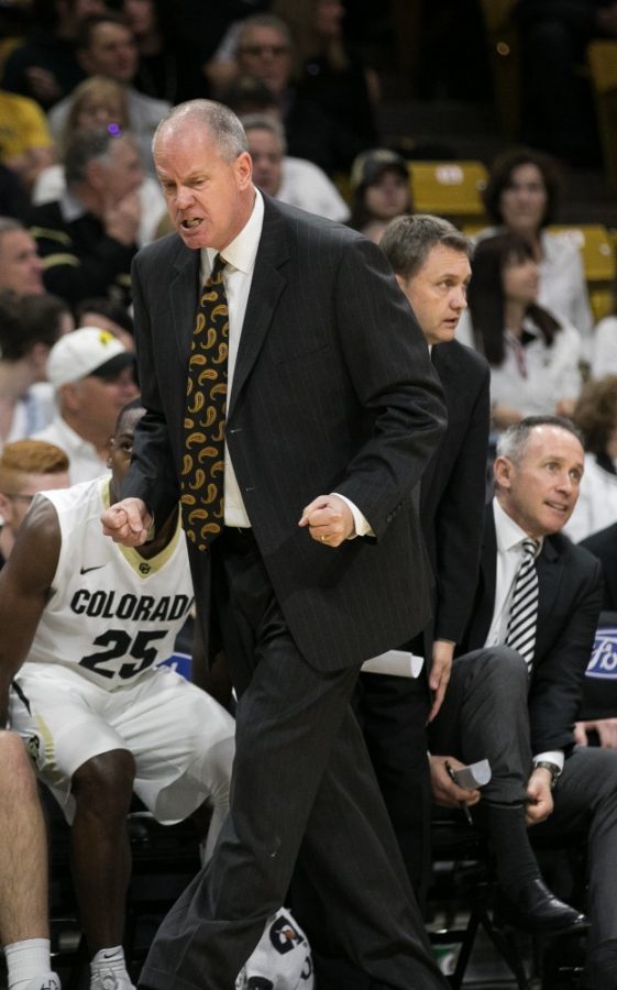 Colorado+Mens+Basketball+Head+Coach+Tad+Boyle+shows+his+frustration+after+an+easy+layup+by+Arizona+in+the+first+half.