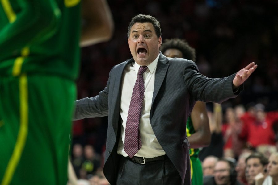 Arizona Head Coach Sean Miller shouts at a referee after a foul called on an Arizona player.