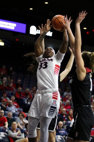 Arizona's Jalea Bennett (33) breaks through the Stanford defense and takes her shot during the Arizona-Stanford game.