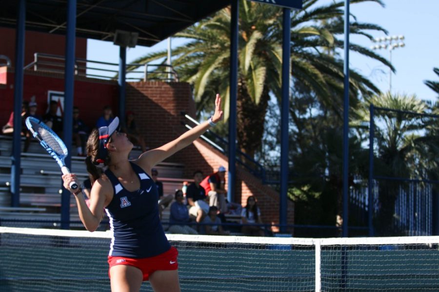 Arizonas+Camila+Wesbrooks+prepares+to+hit+the+ball+back+to+her+GCU+opponent+during+the+doubles+match+this+Saturday%2C+Feb.+3.