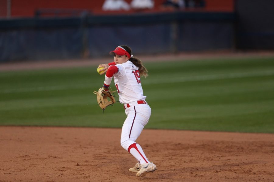 Arizonas shortstop Jessie Harper (19) prepares herself to throw the ball to a teammate during the game against the South Dakota State Coyotes on March 8, 2018 at Hillenbrand Memorial Stadium, Tucson, AZ.  