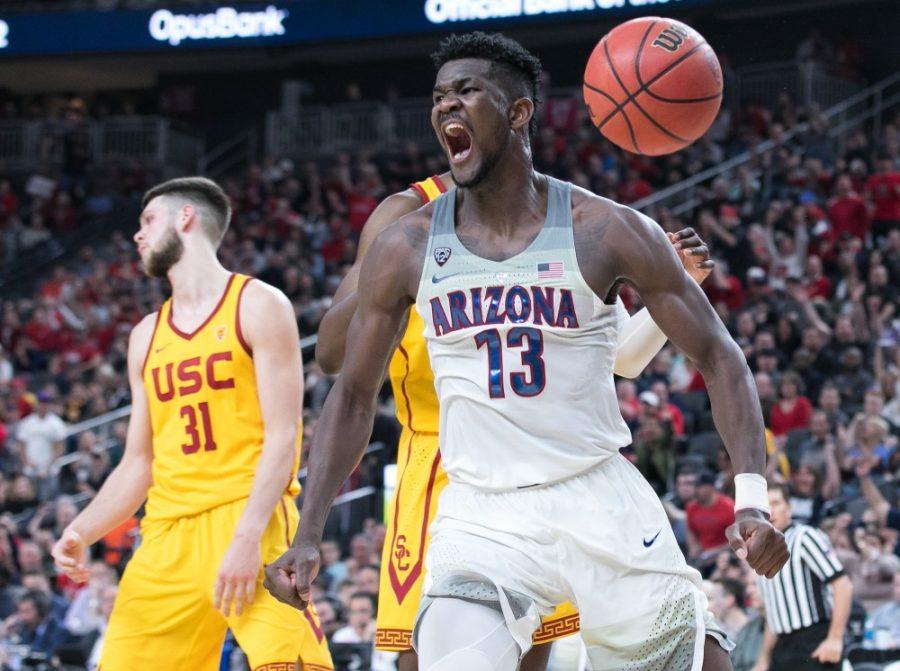 Arizonas Deandre Ayton shows emotion after an and-1 play in the Arizona-USC Championship game at the 2018 Pac-12 Tournament on Saturday, March 10 in T-Mobile Arena in Las Vegas, Nev.