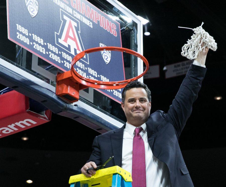 Arizona+Mens+Basketball+Head+Coach+Sean+Miller+cuts+down+the+net+after+clinching+the+Pac-12+regular+season+title+after+the+Arizona-Cal+game+on+Saturday%2C+March+3+in+McKale+Center.