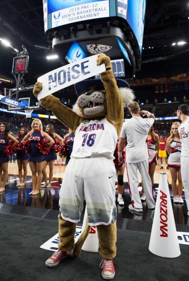 Arizonas Wilbur T. Wildcat holds up a sign for the ZonaZoo before the Arizona-USC Championship game at the 2018 Pac-12 Tournament on Saturday, March 10 in T-Mobile Arena in Las Vegas, Nev.