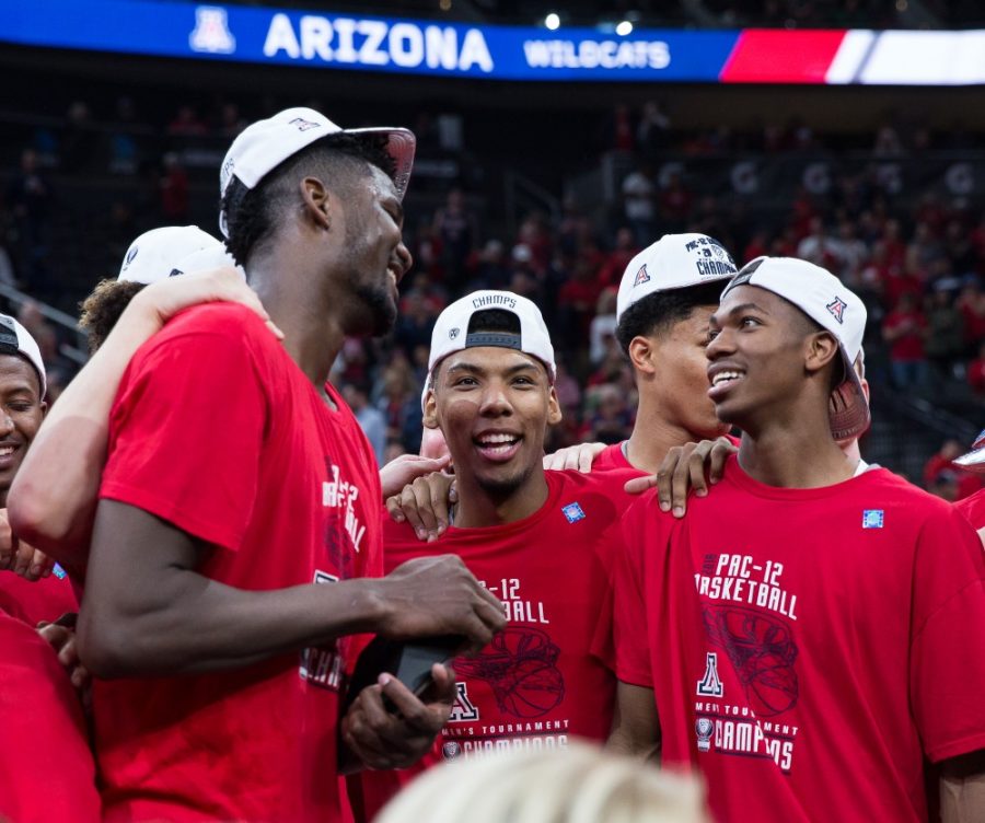 From+left+to+right%3A+Deandre+Ayton%2C+Allonzo+Trier%2C+and+Brandon+Randolph+celebrate+the+championship+victory+over+USC+in+the+Championship+game+at+the+2018+Pac-12+Tournament+on+Saturday%2C+March+10+in+T-Mobile+Arena+in+Las+Vegas%2C+Nev.