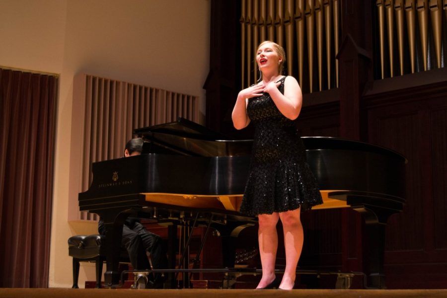 Bridget Marlowe, an undergraduate student at the University of Arizona, performs at the Amelia Rieman Voice Competition on March 18.