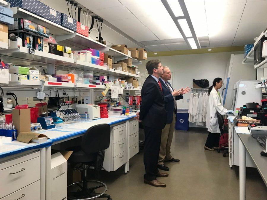 Phoenix Mayor Greg Stanton and  Dr. Frederic Zenhausern, a professor of basic medical sciences, discuss the InnoVention lab. Dr. Zenhausen will spearhead the innovative technologies and ideas that emanate from InnoVention.
