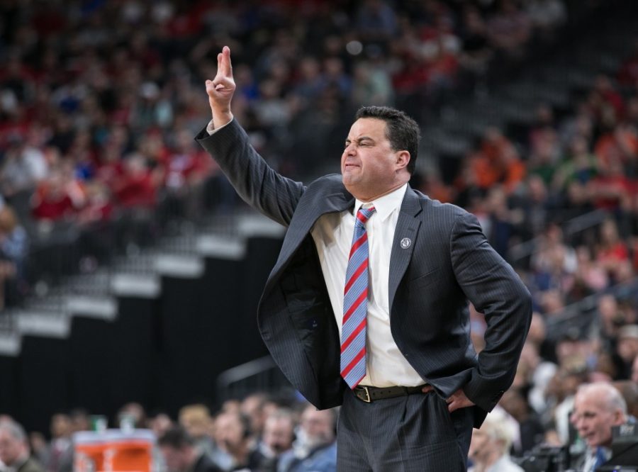 Arizona mens basketball head coach Sean Miller shouts a call to his team in the Colorado-Arizona Quarterfinal game at the 2018 Pac-12 Tournament on Thursday, March 8 in T-Mobile Arena in Las Vegas, Nev. The Wildcats won against the Buffaloes 83-67.