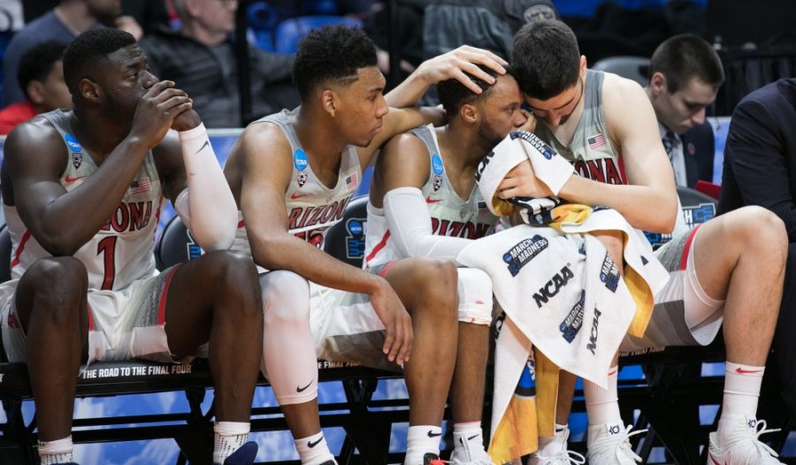 From+left%3A+Rawle+Alkins%2C+Allonzo+Trier%2C+Parker+Jackson-Cartwright%2C+and+Dusan+Ristic+share+a+moment+of+sadness+in+the+final+moments+the+Arizona-Buffalo+game+in+the+first+round+of+the+NCAA+Tournament+on+Thursday%2C+March+15+in+Boise%2C+Idaho.