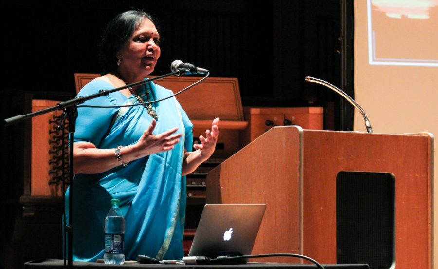 Vasudha Narayanan, a distinguished professor of religion at the University of Florida speaks about hinduism traditions in Holsclaw Hall on March 13. The lecture named, Angkor to Arizona presented not only on the traditions of hinduism but on the presence of the Hindu community in Arizona.
