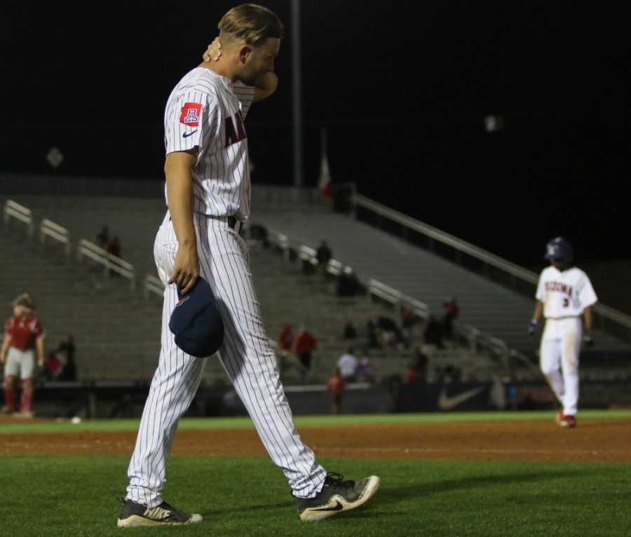 Arizona’s right handed pitcher Cody Deason (15) comes onto the field after the loss against Stanford on Saturday April 21 at Hi-Corbett Field in Tucson, Ariz.