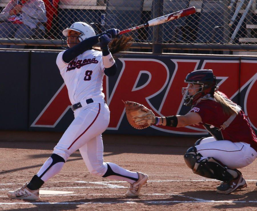 Arizonas Dejah Mulipola keeps her eye on the ball after hitting an incoming pitch from New Mexico State in the Arizona-New Mexico game at the Hillenbrand Stadium on Wednesday, April 18, 2018, in Tucson Ariz.