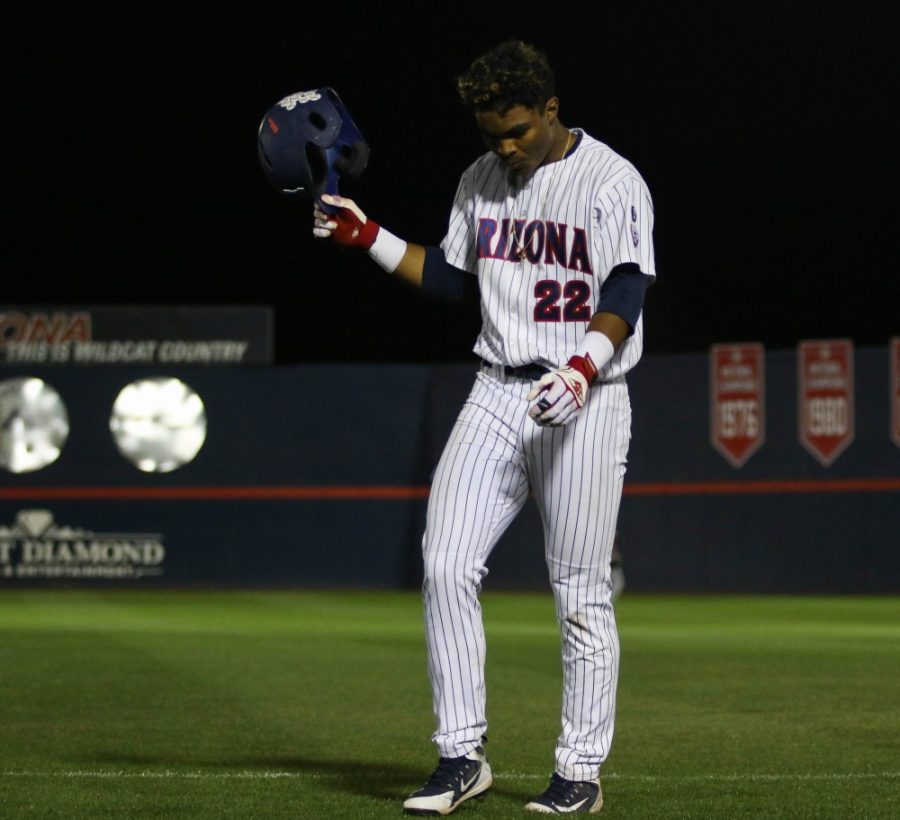 Arizona’s outfield Matt Frazier (22) comes off the field after the loss against Stanford on Saturday April 21 at Hi-Corbett Field in Tucson, Ariz.