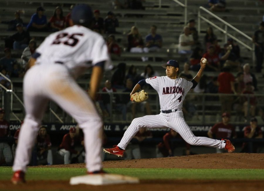 Arizona’s Left-handed pitcher Gil Luna (4) gets ready to release his pitch during the Arizona-Stanford game on Saturday April 21 at Hi-Corbett Field in Tucson, Ariz.