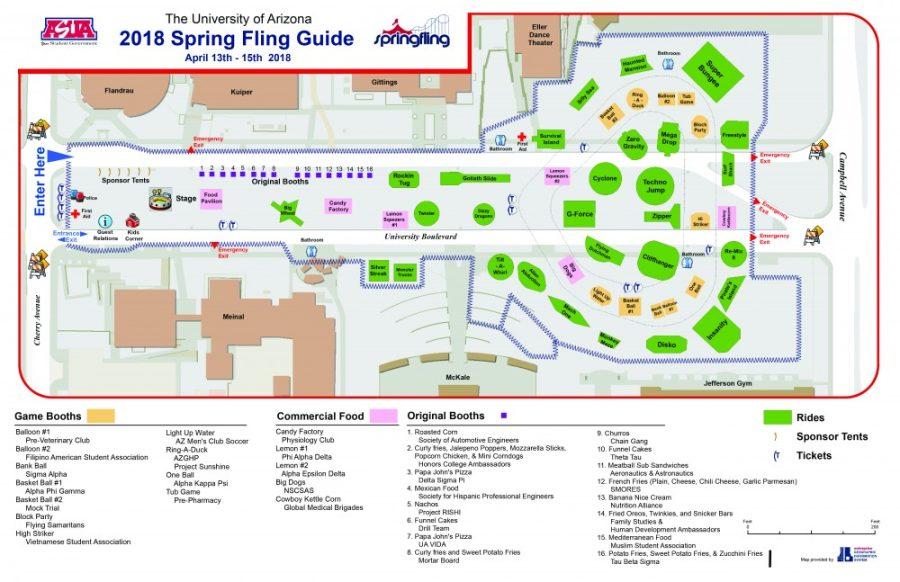 This map includes of the rides, booths and vendors that the 2018 Spring Fling will feature. Spring Flings most popular rides include the Mach One, the Big Wheel, Insanity and G-Force. 