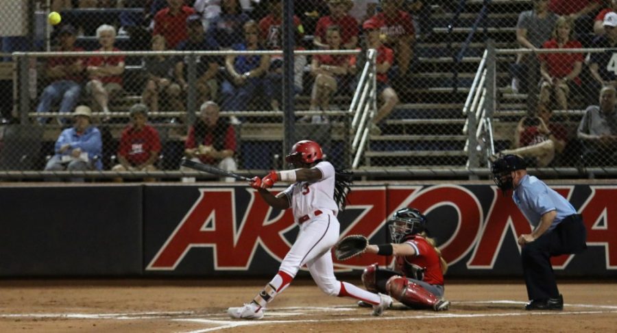 Arizonas Aleah Craighton (3) swing through a pitch during the Arizona-St. Francis game of the NCAA championship Tournament on Friday May 18 at the Rita Hillenbrand Stadium in Tucson, Ariz.
