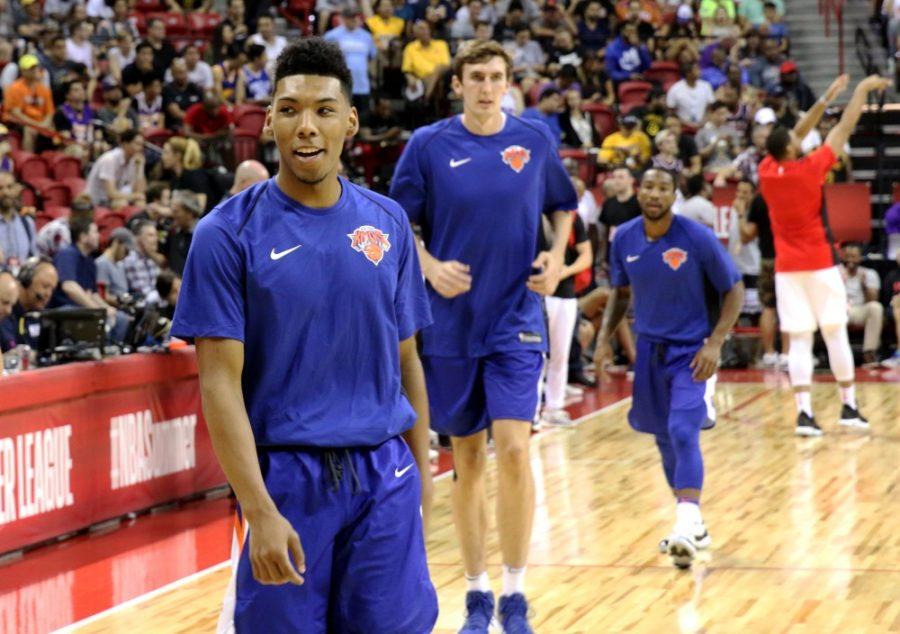New York Knicks guard Allonzo Trier smiles during pregame warmups before a Summer League matchup on July 7, 2018 at the Thomas & Mack Center in Las Vegas, Nev.