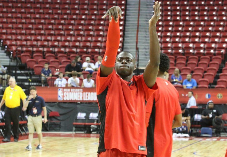 Toronto Raptors guard Rawle Alkins shoots the basketball during pregame warmups before an NBA Summer League game on July 6, 2018 at the Thomas & Mack Center in Las Vegas, Nev. 