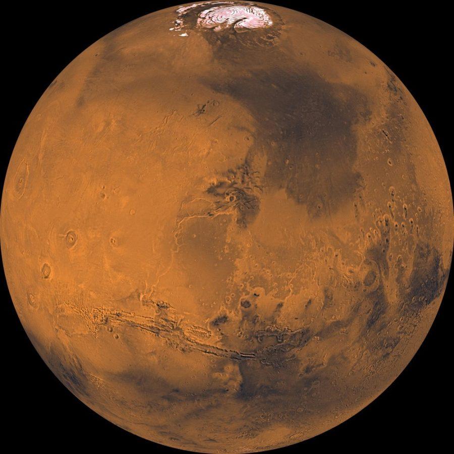 Global mosaic of 102 Viking 1 Orbiter images of Mars taken on orbit 1,334 on Feb. 22, 1980. Mars today is devoid of tectonic activity.