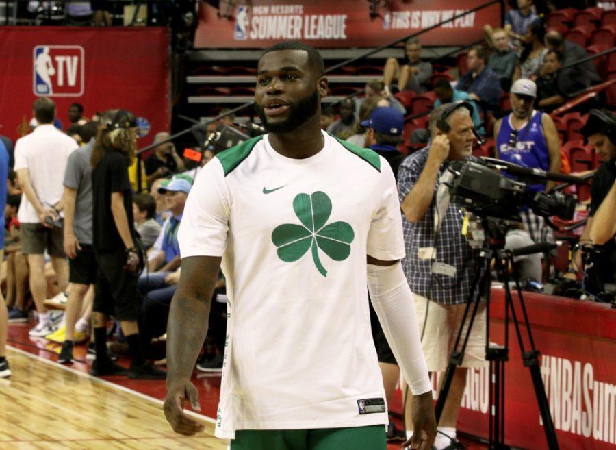Boston Celtics guard Kadeem Allen warms up on the court prior to an NBA Summer League game vs the Philadelphia 76ers on July 6, 2018 at the Thomas & Mack Center in Las Vegas, Nev.