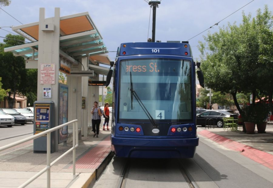 A westbound SunLink tram is stopped at the Main Gate Square station on University Blvd. on Friday, July 20, 2018.