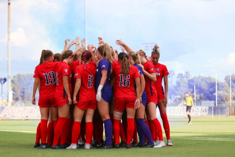 Arizona Womens Soccer team huddles up before the start of their match against Houston Baptist on Sunday, Aug. 26, 2018 at Mulcahy Stadium in Tucson, Ariz.
