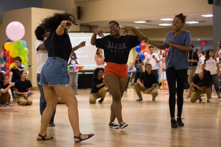 Members of B.L.A.C.K. Cats dance during the Finding Community Welcome event. This event is held in SUMC during the first week of school. 