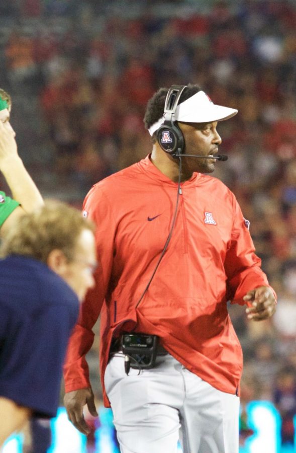 Kevin Sumlin coaches the team from the sidelines during the UA v USC game on Saturday, Sep 29 at Arizona Stadium. 