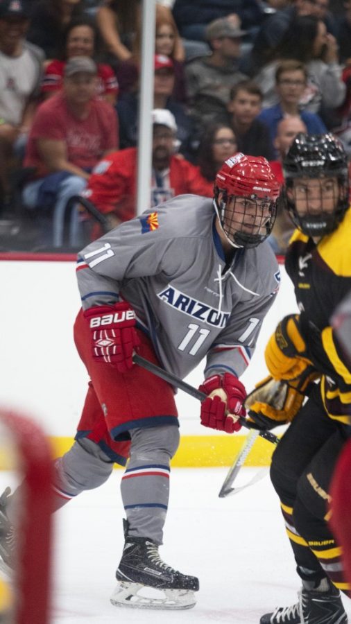 Bayley Marshall (11) lines up for a shot during Friday night’s game against ASU at the Tucson Convention Center. Arizona won the game against Arizona State 2-1