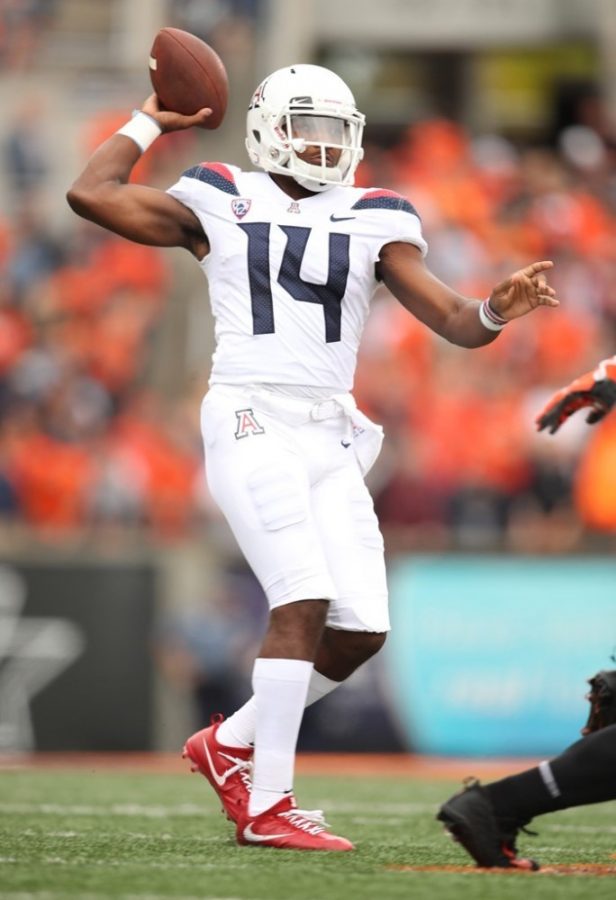Khalil Tate looks for a player to throw to during the UA vs OSU game on Sep 22. UA defeated OSU 35-14.
