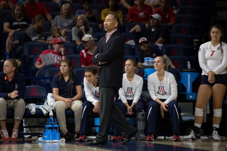 UA+Volleyball+head+coach+Dave+Rubio+watches+the+match+on+Friday%2C+Sept.+1