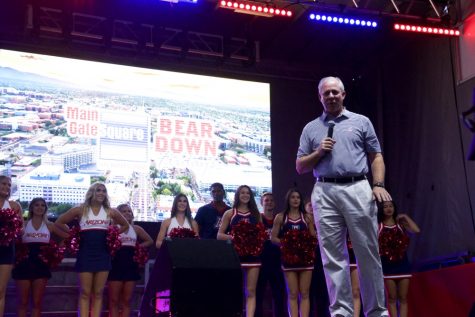 UA President Robert Robbins speaks to a full crowd of wildcat fans during Bear Down Friday on October 5, 2018 in Tucson, Az. The Wildcats are taking on Cal Berkley on Saturday hoping to gain victory.