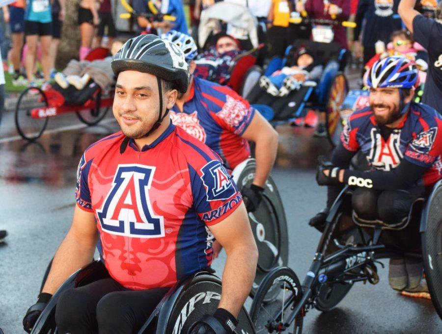 A wheelchair racer lining up at the start line before the race begins. The Jim Click’s Run n Roll race raises money for the University of Arizona Disability Resource Center.
